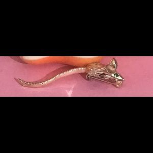 Vintage gold tone mouse brooch with emerald rhinestone eyes